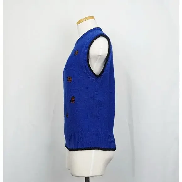 Vintage 80s Sweater Vest Blue Wool Teddy Bears Sleeveless Misses Size M - Picture 6 of 9